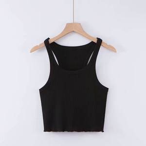 Nouveau corsage de couleur unie en <span class=keywords><strong>bois</strong></span>-oreille ourlet épaule étroite sans manches gilet pour les femmes broderie personnalisée tissu côtelé débardeur - Product Image 5
