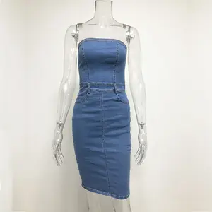 European and American Sexy Shoulder Wrap Chest Sleeveless Slim Denim Dress with Slit At The Back Dresses Women Summer