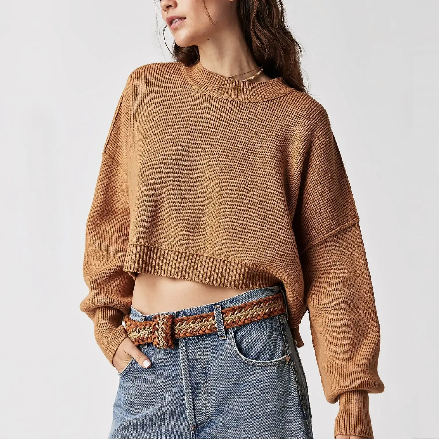 PDEP 2023 2023 Autumn/Winter New Women's Fashion Round Neck Solid Loose Pullover Sweater crop tops knitted sweaters for women