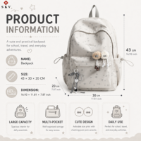 Sac à dos d'étudiant en polyester avec motif imprimé étoiles, plusieurs poches, fermeture éclair, avec un joli porte-clés chat en peluche pour le collège et le lycée