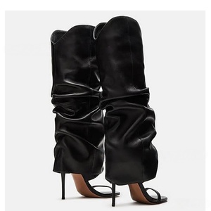 2026 New Style Trendy Cool Women's <b>Black</b> Pu Patchwork Hard-Wearing Ruffled Knee-Length 7cm/8cm Wedge <b>Heel</b> <b>Open</b>-<b>Toe</b> Sandals - Product Image 3