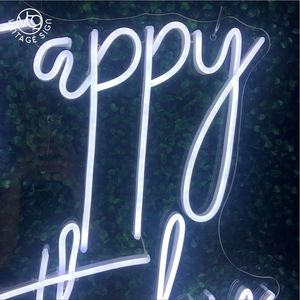 Letrero LED de Neón con Letras Cursivas de Feliz Cumpleaños, Luz Blanca Cálida con Reverso Acrílico, Decoración para Fiestas de Cumpleaños, Pared de Plantas Verdes, Decoración para Cabina de Fotos - Product Image 5