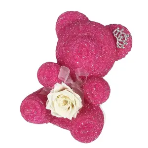 Valentine's Day Gift Handmade Artificial Flower Rose Bear Wedding rose teddy bear with diamond