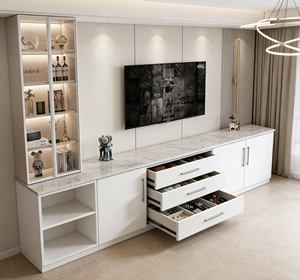 Meuble TV intégré minimaliste moderne - Meuble de salon élégant avec éclairage LED et rangement avec porte en verre - Product Image 2