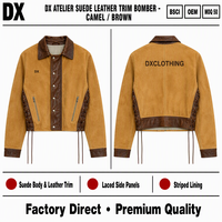 Blouson Bomber en Daim Marron Chameau Personnalisé 400gsm avec Bordures en Cuir, Panneaux Latéraux Lacés, Doublure Rayée, Poches, Vêtement d'Extérieur, Streetwear, OEM ODM