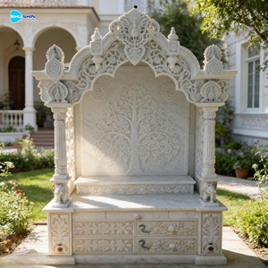 معبد بوجا من الرخام الأبيض للمنزل مع إضاءة، معبد أنيق للاستخدام الداخلي والحدائق، متوفر عبر الإنترنت - Product Image 5