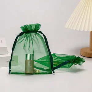 Pochettes en organza maillé à logo personnalisé sacs de bonbons grand sac cadeau en organza vert emballage de bijoux sac en organza avec cordon vente en gros