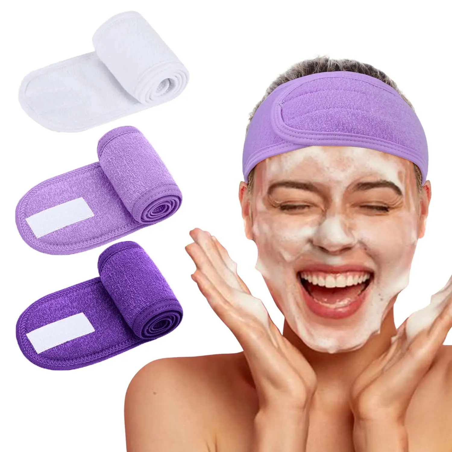 All'ingrosso nuova fascia per capelli in microfibra viola per Spa regolabile Stretch Yoga per Make Up con fascia ricamata