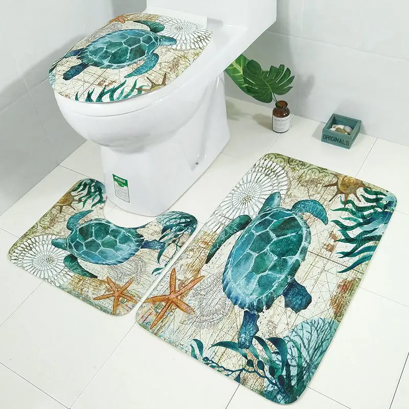 3 Pezzi/Set Tappetino da Bagno Copri WC Anti-scivolo Blu Oceano Stile Tappeto da Bagno con Tappetino a Forma di U 
