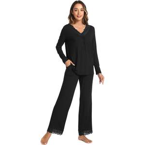 Conjunto de Pijama de Mujer de Viscosa de Bambú Personalizado, Manga Larga, con Ribete de Encaje, Suave, 2 Piezas - Product Image 4