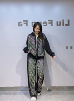 Ensemble pull à capuche en strass pour femme, cardigan zippé et pantalon à jambes larges, tenue deux pièces pour l'automne et l'hiver