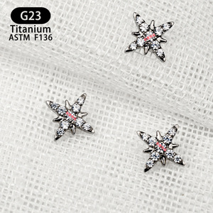 Boucles d'oreilles étoile en titane ASTM F136, entièrement serties de diamants, clous à quatre branches pour piercing du cartilage de l'oreille ou des lèvres - Product Image 3