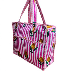 Dolly Enterprises Hand Block Print Quilted Cotton Travel Tote <b>Bag</b> <b>Trolley</b> <b>Sleeve</b> Carry Handbag Floral Shopping Office - Product Image 1