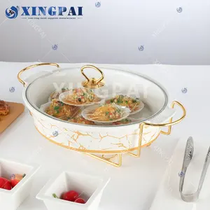 XINGPAI high quality restaurant used luxury oval shape marble buffet ceramic food warmer with golden stand