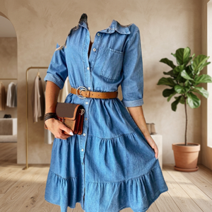 Vestido Casual de Mezclilla con Cintura Imperio, Largo hasta la Rodilla, Transpirable, Corte A, Ajustado, con Cuello Vuelto, Bolsillos Delanteros con Logotipo, Servicio OEM - Product Image 3
