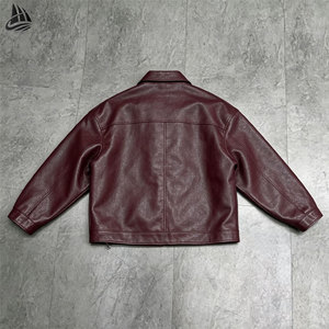 OEM Winter <strong>Burgundy</strong> Oversized Blank Textured Fake Pu <strong>Leather</strong> <strong>Jacket</strong> for Men Custom Loose Bomber <strong>Jacket</strong> - Product Image 3