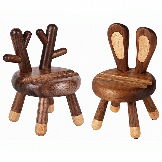 Walnut Wood Cell Phone Stand Mini Wooden Holder with Cute Rabbit Ears, Deer Antler Decor Desktop Portable Smartphone Bracket