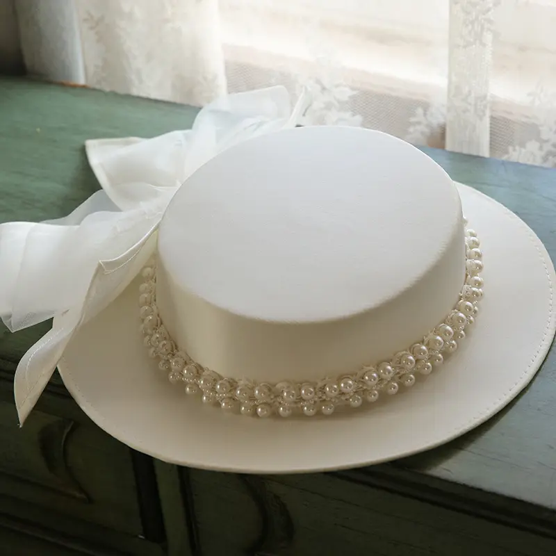 Topi pita Satin elegan putih pengantin dengan berlian imitasi mutiara ember besar Gereja fotografi pernikahan topi