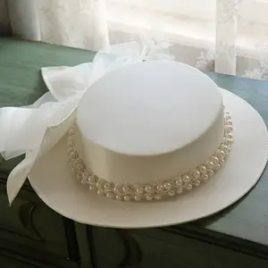 Bridal White Elegant Satin Bow Hat With Rhinestone Pearls Large Bucket Church Wedding Photography Hat