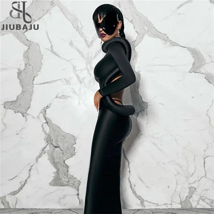 Solid Maxi Dress Women Aesthetic Sexy Backless Long Sleeve Body-shaping Robe Female Stuuing Street Dress