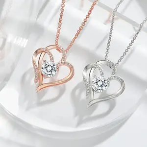 Hot Selling Brass Metal Colorproof Elegant Women Crystal Diamond Luxury Love Two Heart Twisted Choker Pendant Necklace