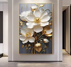 Arte Mural Moderno con Diseño de Hojas Doradas y Flores, Pintura de Porcelana de Cristal con Textura 3D Floral Blanca <span class=keywords><strong>para</strong></span> Sala de Estar - Product Image 2