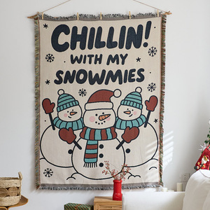 Tapisserie murale de Noël « Chillin With My Snowmies », en coton tissé, style bohème, rectangulaire, pour usage intérieur - Product Image 1