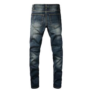 Venta al por mayor Negro Patch Pants Hip Hop Azul Ropa Stretch Elastic Stack Ripped Slim Fit Skinny Designer Denim Jeans para Hombres - Product Image 6