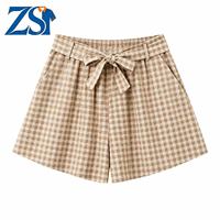 Shorts plissés taille haute à carreaux pour femme Zesheng, avec nœud papillon, coupe large, style preppy coréen, décontracté, pour l'été, OEM