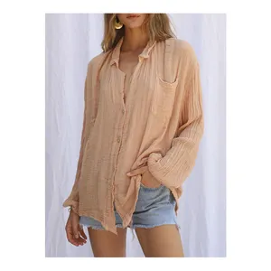 Button up long sleeve tops for women 100% cotton gauze boyfriend boho blouses