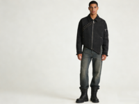 Nouvelle veste bomber unisexe en jean asymétrique avec clous noirs, poignets effilochés, camouflage, mode formelle, personnalisation, vente en gros, livraison directe