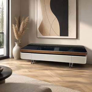 Table basse moderne en verre trempé ondulé, placage noyer <span class=keywords><strong>MDF</strong></span> avec tiroirs, pieds en acier inoxydable <span class=keywords><strong>plaqué</strong></span> titane – Vente en gros usine - Product Image 1