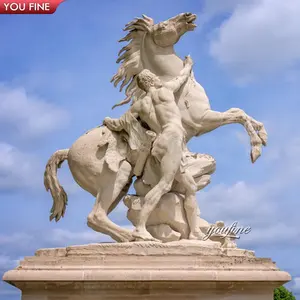 Tamanho de vida do jardim ao ar livre, escultura de mármore branco guerreiro romano e cavalo