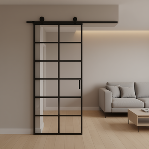 Porte coulissante en aluminium et verre noir 35,4x80,7 pouces, design minimaliste intérieur, isolation thermique - Product Image 2