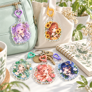 Porte-clés personnalisés en acrylique transparent avec paillettes, breloques découpées originales de personnages Chibi de jardin, OEM ODM - Product Image 2