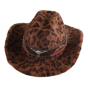ZhenXi Leopard Print Cowboy Hat M56-58cm Warm Western <b>Style</b> Jazz Hat With Bull <b>Head</b> Belt Accessory - Product Image 5