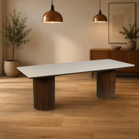 Table à manger extensible moderne en pierre frittée de style nordique, base en chêne blanc, bord biseauté, gain de place, écologique, mobilier d'hôtel