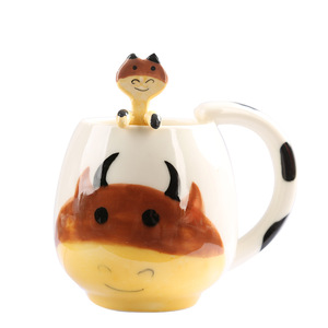 Cute Cartoon Animal Ceramic Mugs with Spoon Back School Gift for Women Children <b>Reusable</b> Coffee Water <b>Cups</b> for Home Office Use - Product Image 5