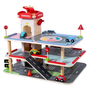 Kids Educational 3 Layers Service Station Play Toy Wooden Pretend Play Car Garage Parking Lot Toy