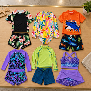 Ensembles de maillots de bain colorés pour enfants, imprimés floraux, requins et léopards, deux pièces, avec protection anti-UV et short, pour la natation et la plage - Product Image 1
