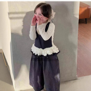 Girls Sweet Cool Style Set Autumn Lace Faux Two Piece Top Polka Dot Wide Leg Pants Cotton Children Outfits - Product Image 3