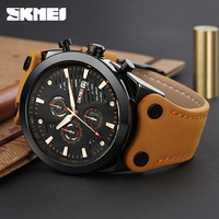 Jam Tangan Pria Fashion Mewah Skmei 9282 Relojes Reloj Stopwatch Tali Kulit Asli Multi Dial Sport Tahan Air