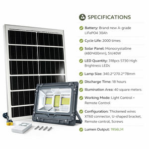 ไฟสปอร์ตไลท์ LED พลังงานแสงอาทิตย์ 300W IP67 สำหรับสวนและถนน พร้อมแบตเตอรี่ 30Ah 6000K สว่างพิเศษ กำลังสูง MJ-AW300 สว่างมาก - Product Image 3