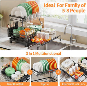 رف تجفيف أطباق من طبقتين قابل للتمديد من WIREKING، رف تجفيف أطباق مقاوم للصدأ مع لوح تصريف وحامل أدوات للمطبخ - Product Image 3