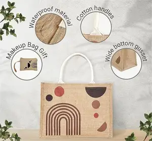 Bolsa de yute reciclada de arpillera ecológica con logotipo, bolsa de playa impermeable de yute de alta capacidad