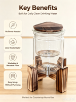 Filtre à eau domestique en verre à gravité avec charbon actif, purificateur d'eau à gravité en verre avec couvercle et base en acier inoxydable