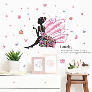 Decoración del hogar para habitación de niñas, pegatinas artísticas de flores, hada y mariposa para pared