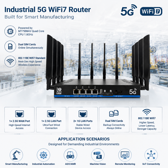 Industrial 5G Multi SIM Card Aggregation Smart Farming IoT MT7988AV Quad Core Load Balancing 2.5G WAN/LAN Port  WiFi 7 Router