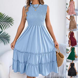 เดรสลำลองสีพื้นแบบมีดีไซน์รัดเอว ระบายอากาศได้ดี แต่งขอบสีดำ แขนกุด คอวี ทรงเข้ารูป  คอลเลคชั่นฤดูใบไม้ผลิ/ฤดูร้อน ปี 2026 - Product Image 5