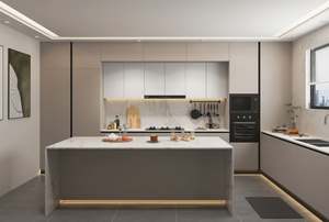 SANTOPOVA Modern <b>Grey</b> Handleless Kitchen Set with White Marble Island and Built-in Appliance - Product Image 3